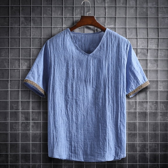 hlysgo Cotton Linen Shirts for Men Short Sleeve V Neck T Shirt Casual Going Out Pullover Tops Trendy Beach Vacation Clothing Sky Blue XXL