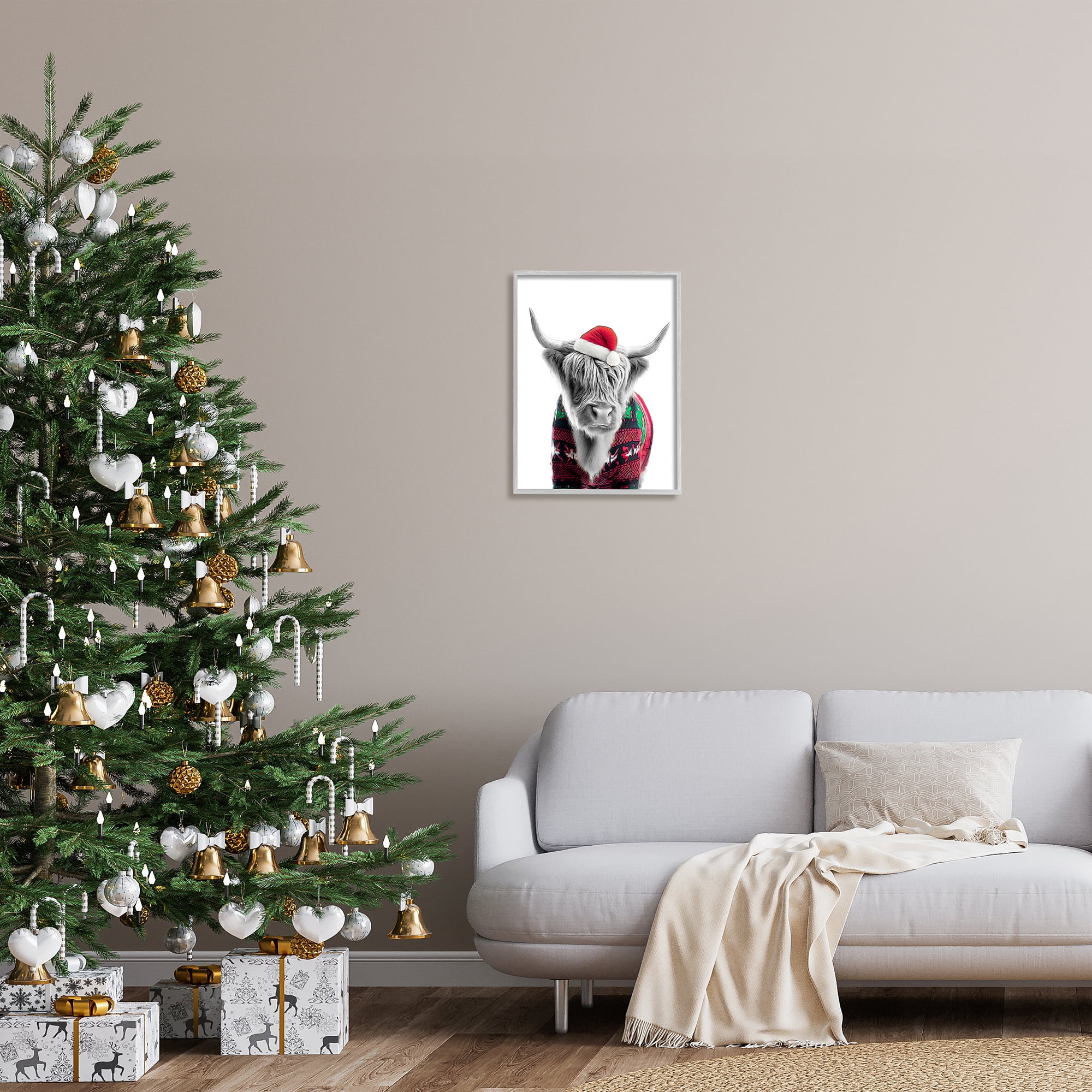 Stupell Industries Cow in Christmas Sweater Holiday Painting Gray Framed Art Print Wall Art, 16 x 20