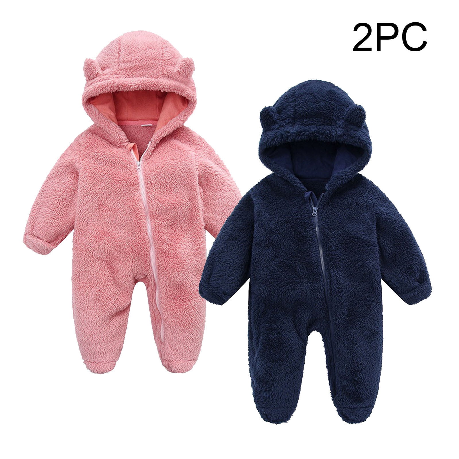 UAMVSH 2PC Newborn Baby Romper Fleece Long Sleeve Zipper Onesies Infant Boys Girls Warm Footed Hooded Jumpsuit Winter Clothes 0-12M