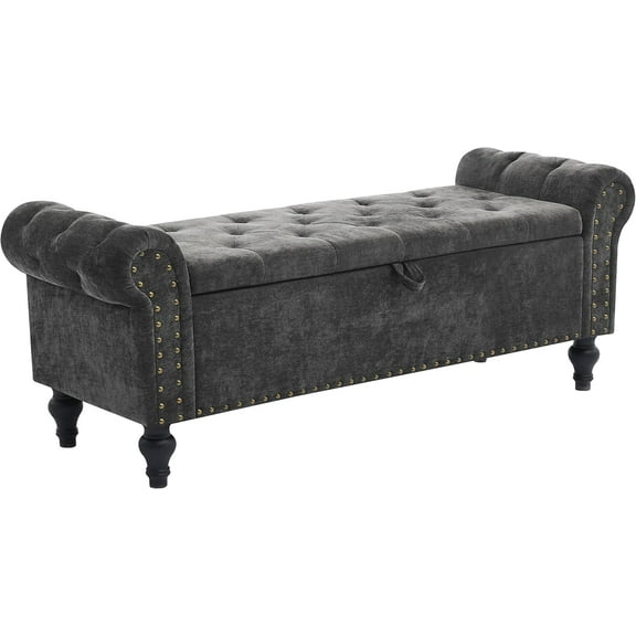51" Storage Ottoman Bench, End of Bed Bench for Bedroom, Chenille Upholstered Benches for Foot of Bed, Window Benches, Storage Ottomans for Living Room, Entryway, Dark Gray