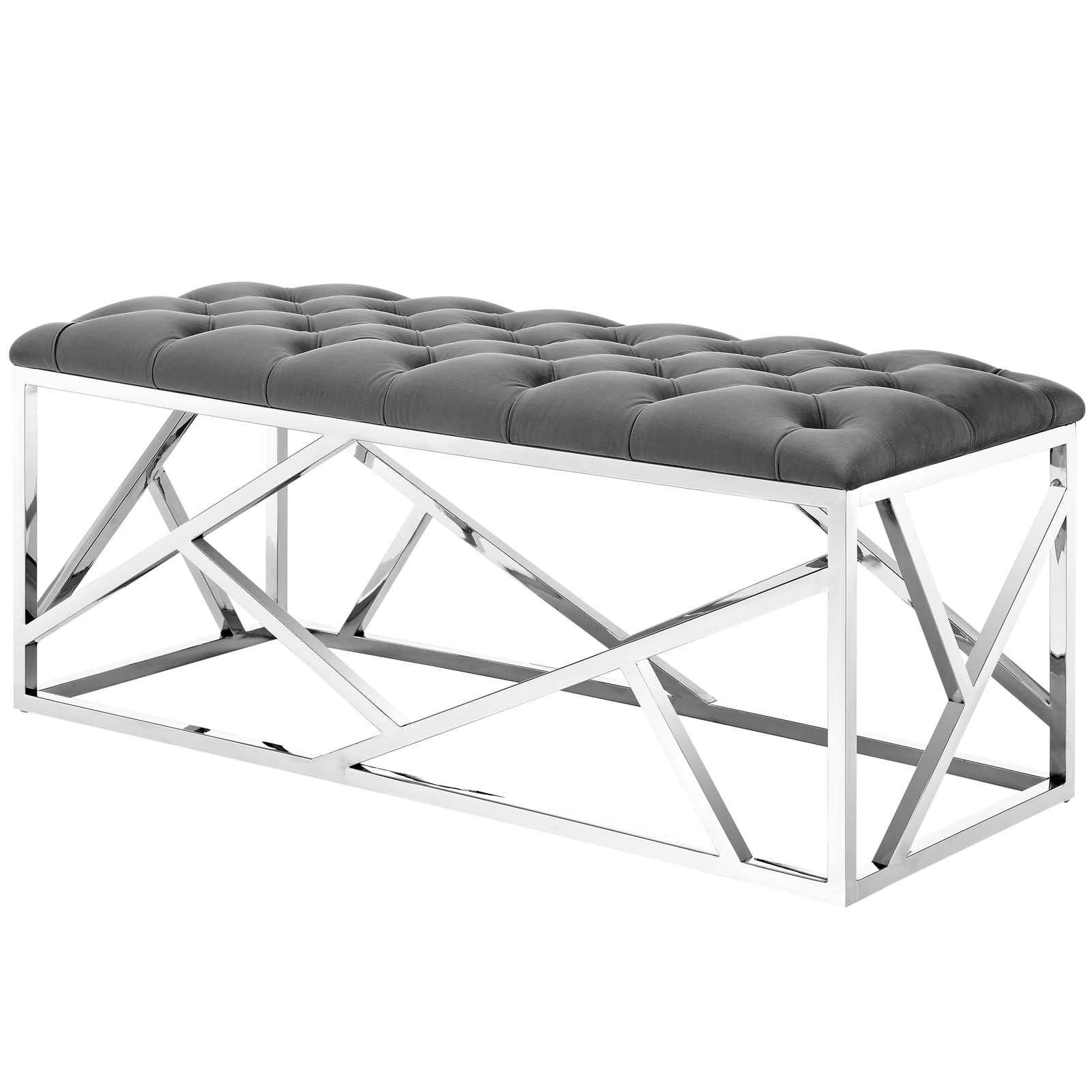 Elegance Luxe Silver Gray Tufted Velvet Bench with Stainless Steel Base
