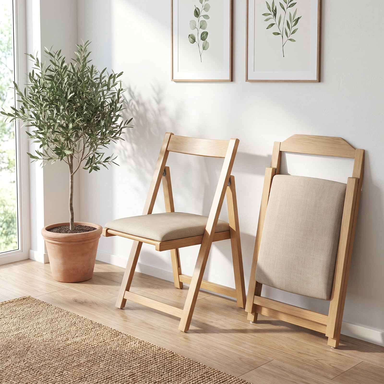 Furnibear Folding Upholstered Dining Chair Set of 4 with Curved Backrest for Kitchen Dining Room Living Room Home, Beige