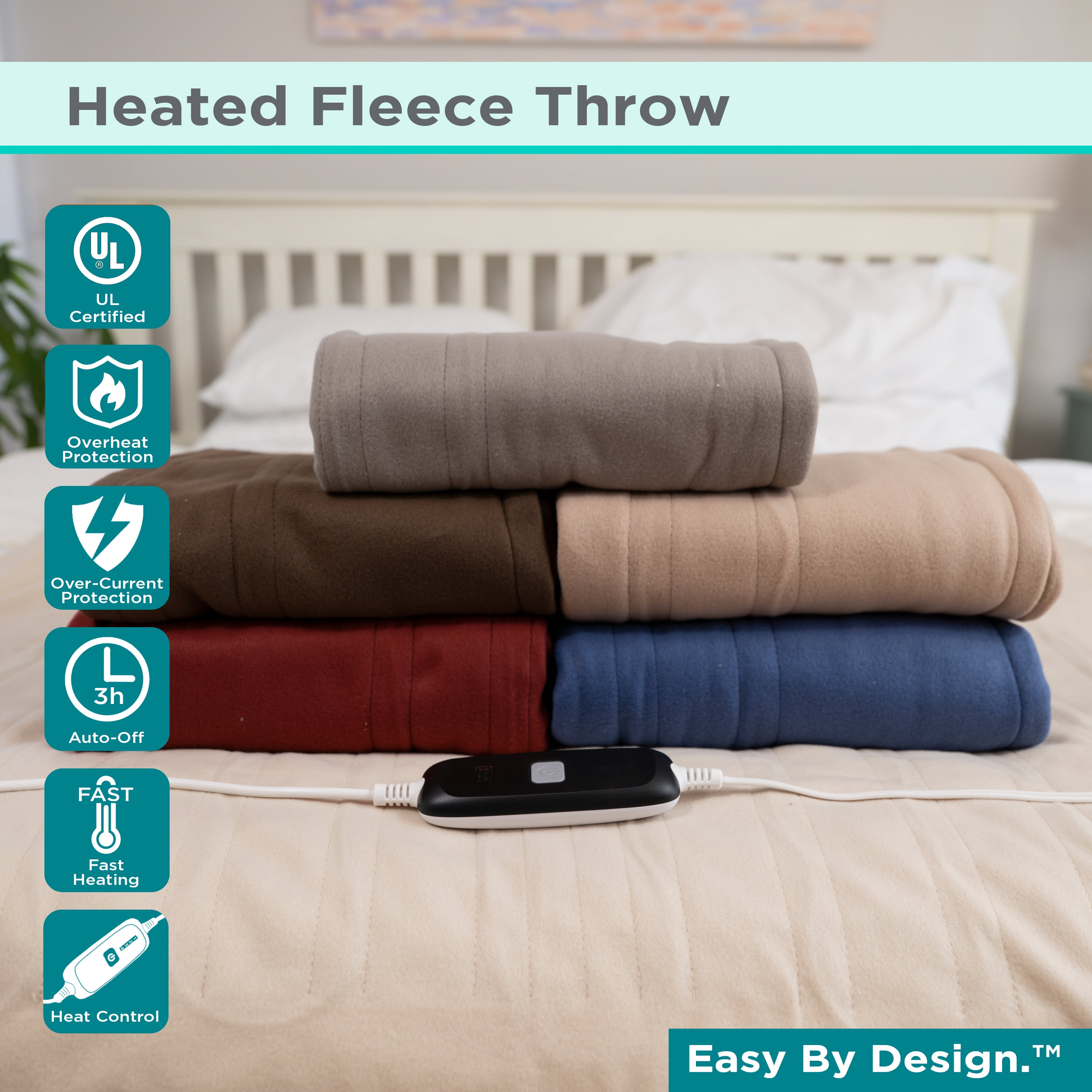 BLACK+DECKER Heated Blanket Electric Throw, 4 Heating Levels, 3H Timer, Auto Shutoff, 50x60 inches, Fleece, Grey