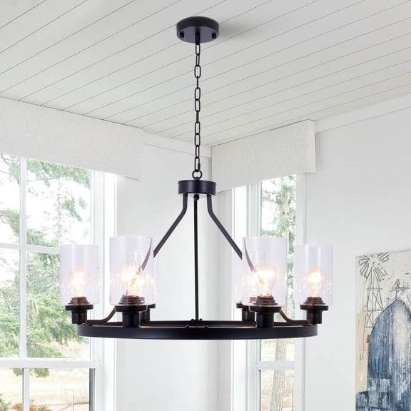 Farmhouse Chandelier Lighting Round 6 Lights Black with Glass Shade Ceiling Hanging Vintage Rustic Light Fixture for Dining Room Living Room Foyer Porch Kitchen Island
