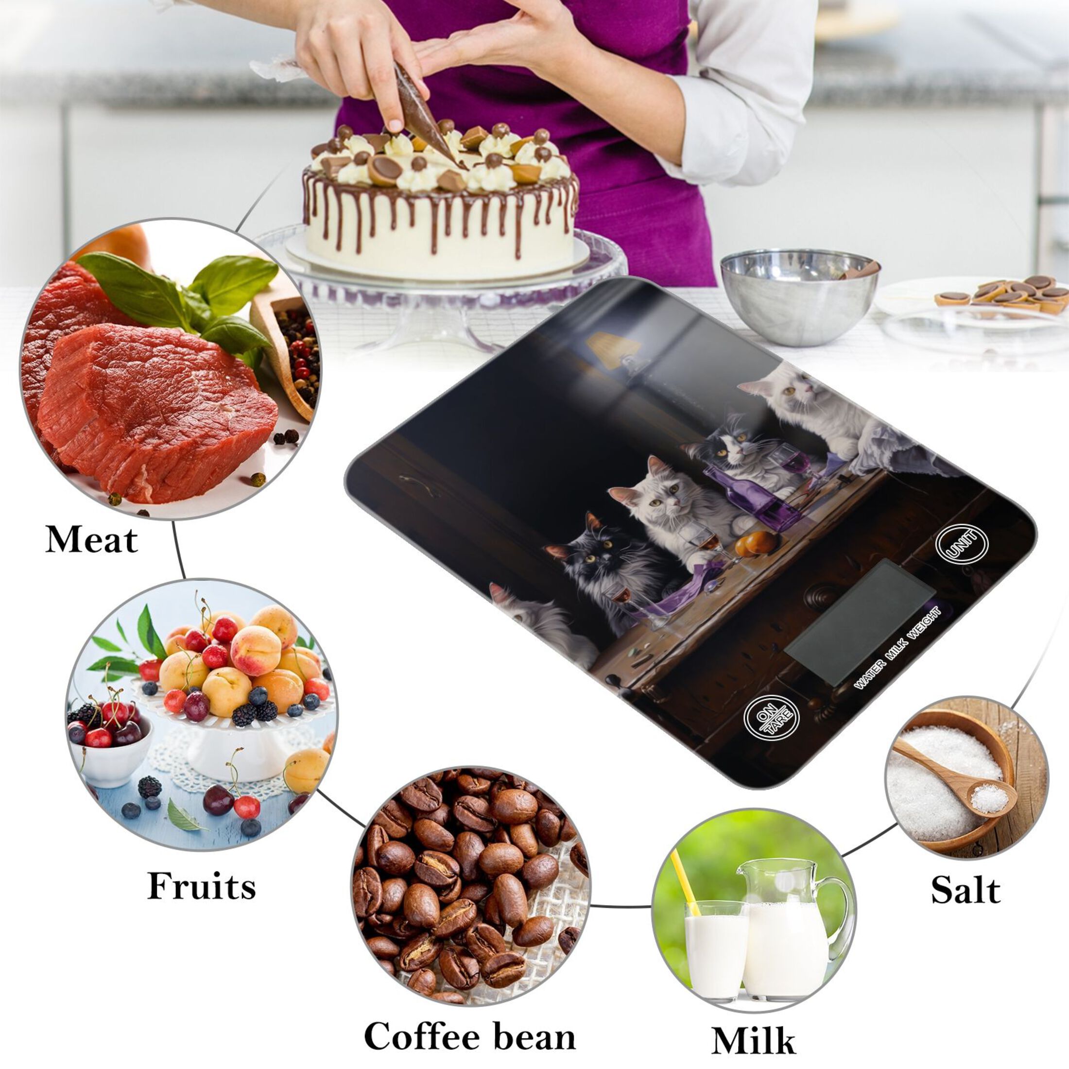 Cats Desk Drink Food Scale Digital Kitchen Scale Waterproof Tempered Glass Tare Function 11 lb for Baking Cooking Meal Prep