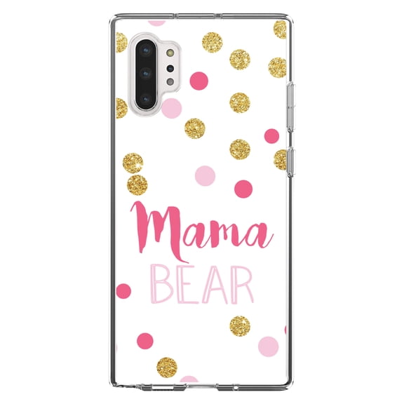 DistinctInk Clear Shockproof Hybrid Case for Galaxy Note 10 PLUS (6.8" Screen) - TPU Bumper, Acrylic Back, Tempered Glass Screen Protector - Pink White Gold "Mama Bear"
