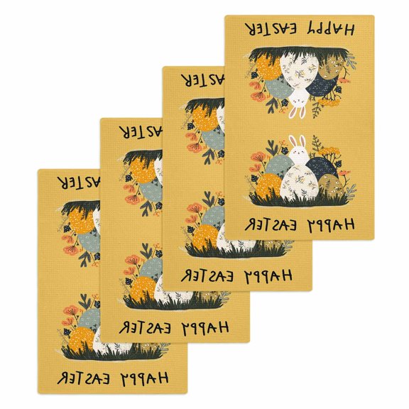 Easter Eggs Kitchen Dish Towels for Drying Dishes Set of 4, Rabbit Spring Botanical Wildflowers Bunny Orange Waffle Weave Microfiber Hand Tea Bathroom Towels Quick Dry & Absorbent Towel 15.7x23.6