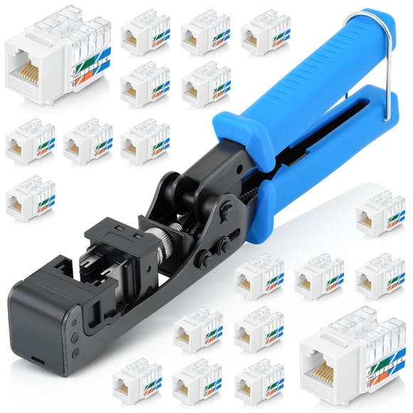 Juego de herramientas Everest EasyJack con terminación de velocidad en ángulo de 90° con 20 conectores Keystone RJ45 Cat6