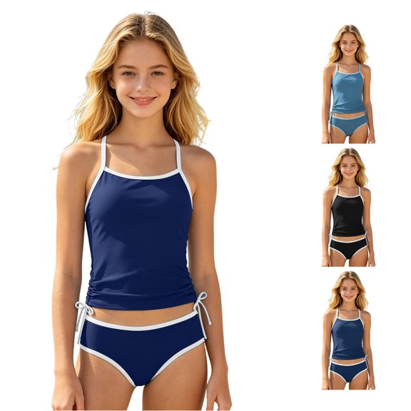 NAFUU Girls Tankini Swimsuits Color Block Bikini Swimsuit Two Piece Tankini Top With Bikini Bottoms Bathing Suit For Teen Girl Swimwear Summer Clothes 7-8 Years