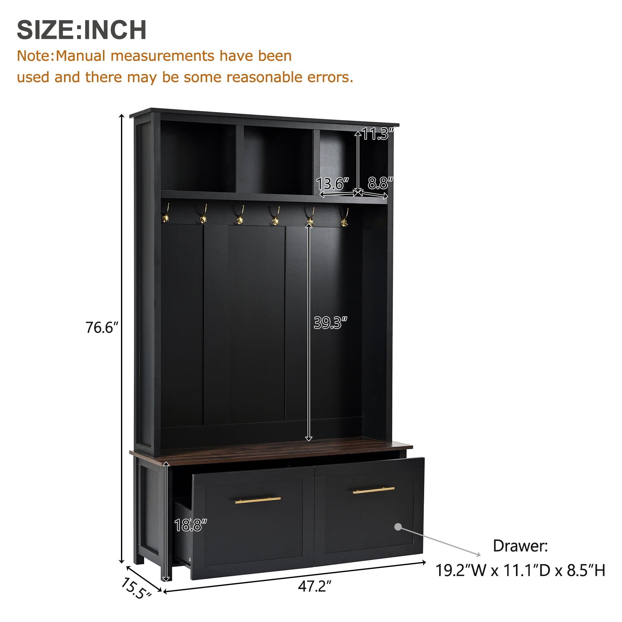 Mintazer 76.6"H Entryway Hall Tree with Bench & 2 Storage Drawers, 4-in-1 Entryway Organizer with Open Hutch Cubbies & 6 Golden Hooks for Mudroom Hallway, Black