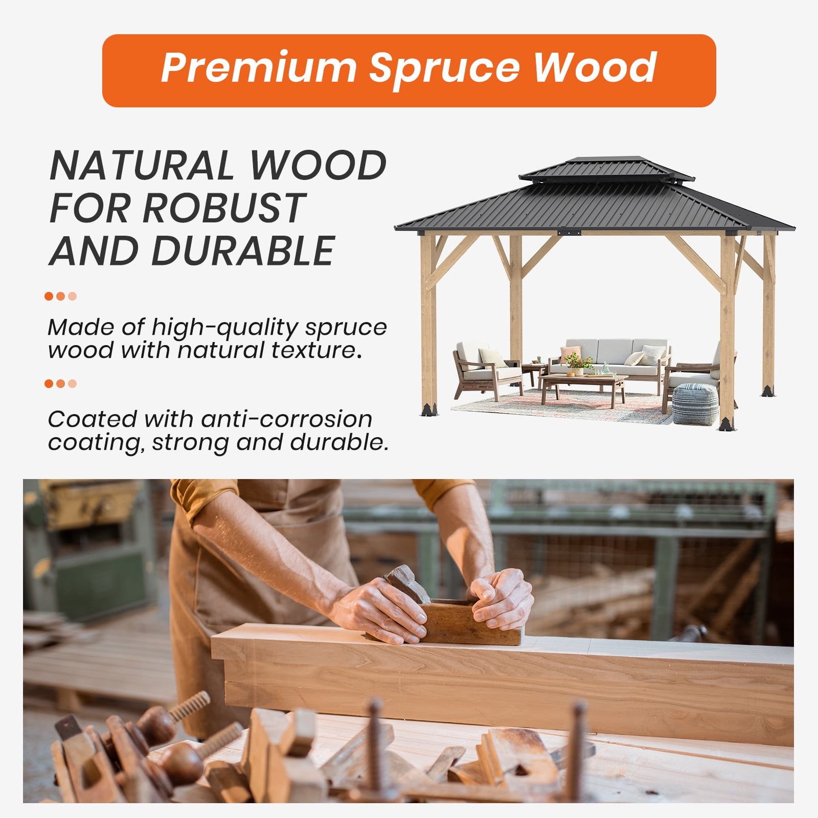 10x12 Outdoor Wooden Gazebo - Outdoor Patio Gazebo with Galvanized Steel Double Roof, Heavy-Duty Spruce Wood Gazebo for Garden, Lawn, Poolside, Backyard Deck