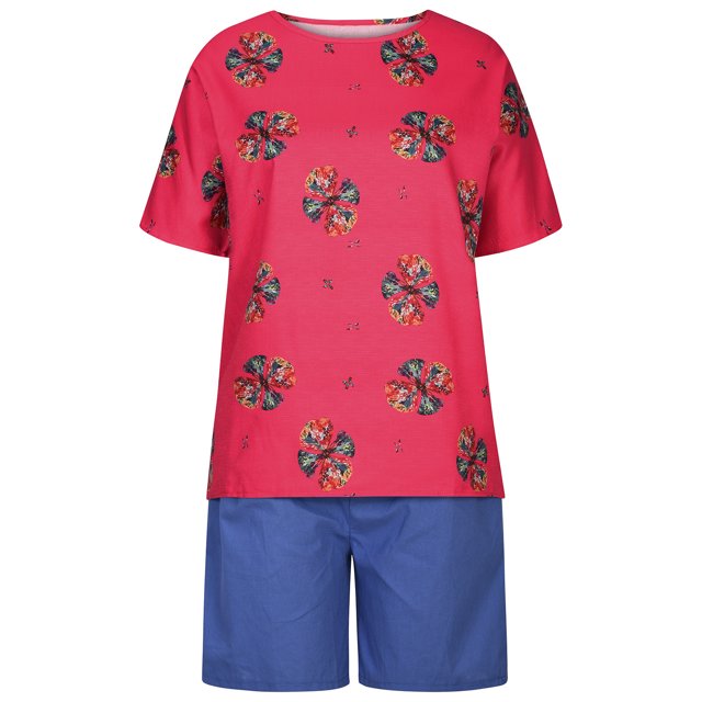 Conjunto de pantalones cortos lisos de manga corta con cuello redondo y estampado de cuello redondo para mujer de 2 piezas Wmkox8yi bvn1521