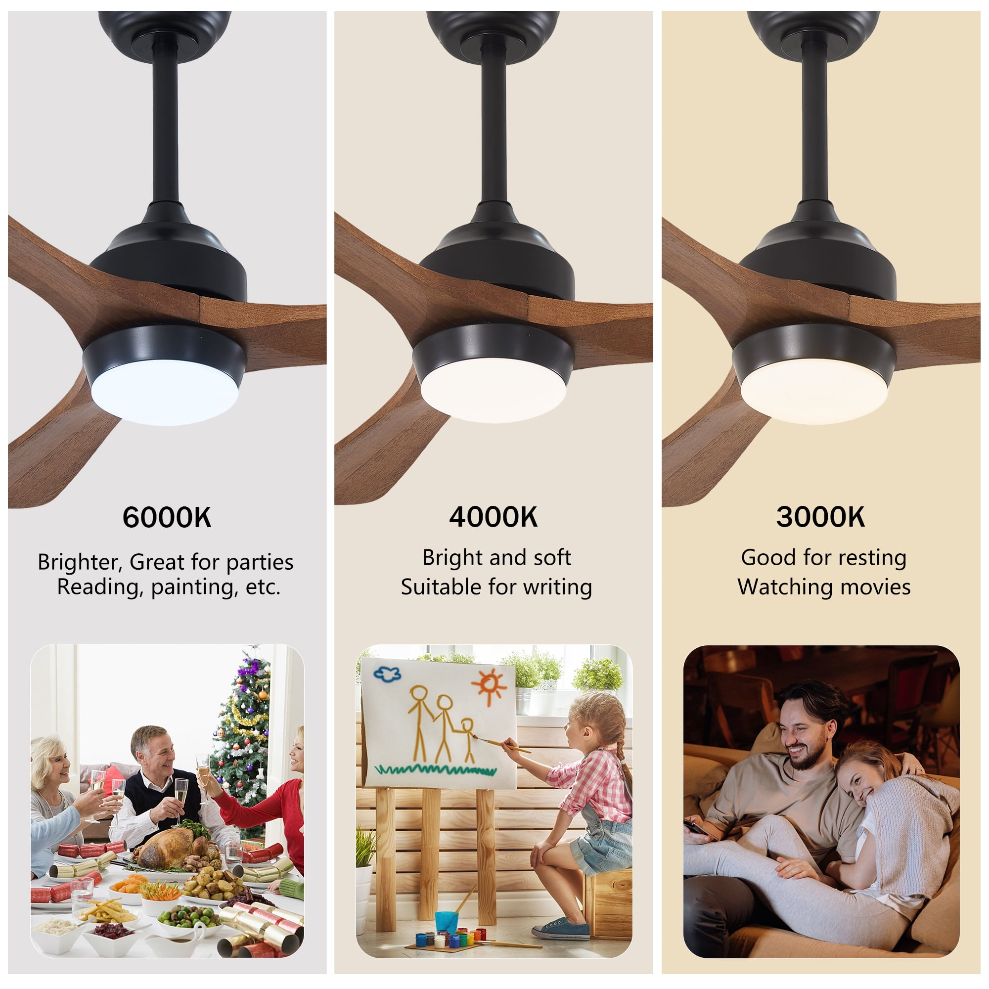 Leumius 62" Solid Wood Blades Ceiling Fan with Light and Remote Control,Quiet DC Motor 3 Blade Ceiling Fans 6 Speed Levels,Reversible for Patio Living Room Bedroom Office Black