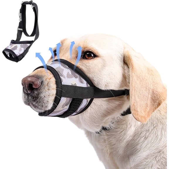 Dog Muzzle with Escape-Proof Elastic Neck Collar, Soft Breathable Air Mesh Mouth Cover Stops Biting Barking Chewing Allows Drinking Panting, Adjustable Muzzle for Small Medium Large Dogs