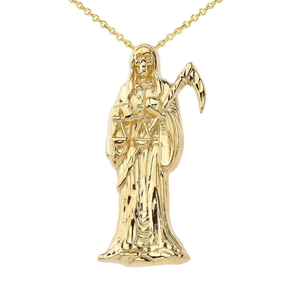SANTA MUERTE GRIM REAPER PENDANT NECKLACE IN YELLOW GOLD