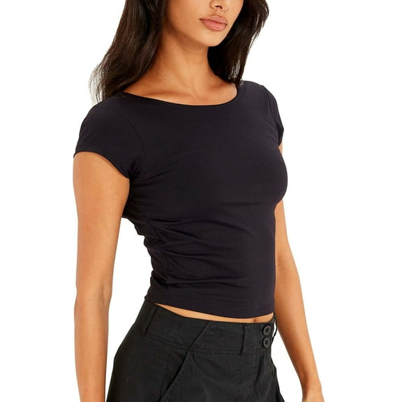 WNEGSTG Summer Casual Sexy Slim Fit Shirts for Women Ultra Short Sleeve T Shirt Large Open Back Tight Tops Black