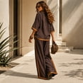 thumbnail image 6 of Szluipve Linen Sets for Women 2 Piece 2 Piece Linen Outfit Contrast Trim 3/4 Sleeve Crew Neck Top & Wide Leg Pants Set Loose Casual Beach Vacation Tracksuit Suit Brown L, 6 of 7