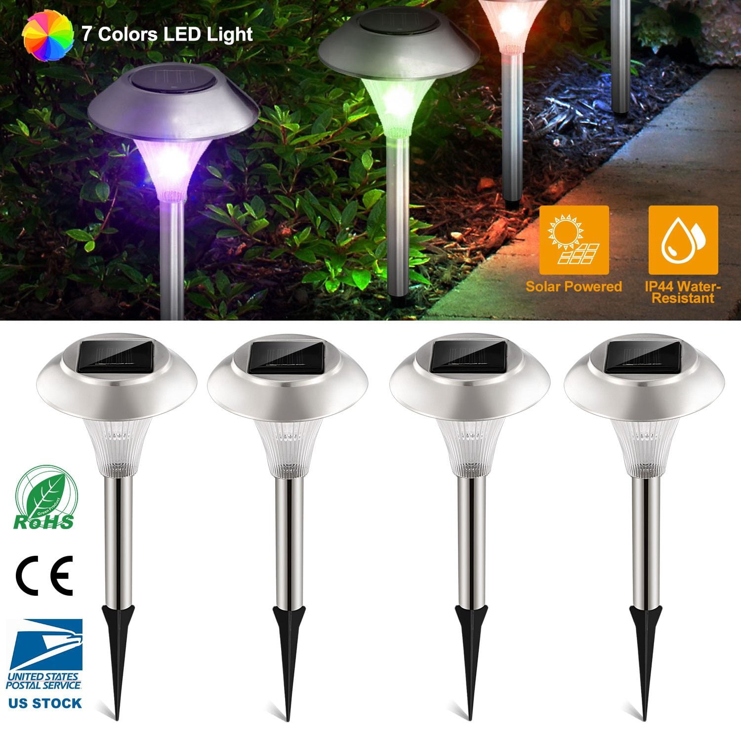 4-Pack Color Changing Solar Garden Lights, Stainless Steel & PC Plastic, IP44 Waterproof, 8Hr Charge 10Hr Work, Pathway Decor for Garden Lawn
