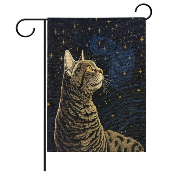 Ryvnso Cat at Starry Night Garden Flag 12x18 Inch Double Sided Seasonal Yard Decoration