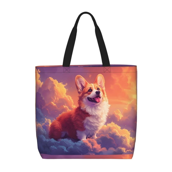 Hirioo Sunset Cloud Corgi for Tote Bag for Women, Quilted Shoulder Bag with Zipper, Large Capacity Handbags for Casual, Travel, Work