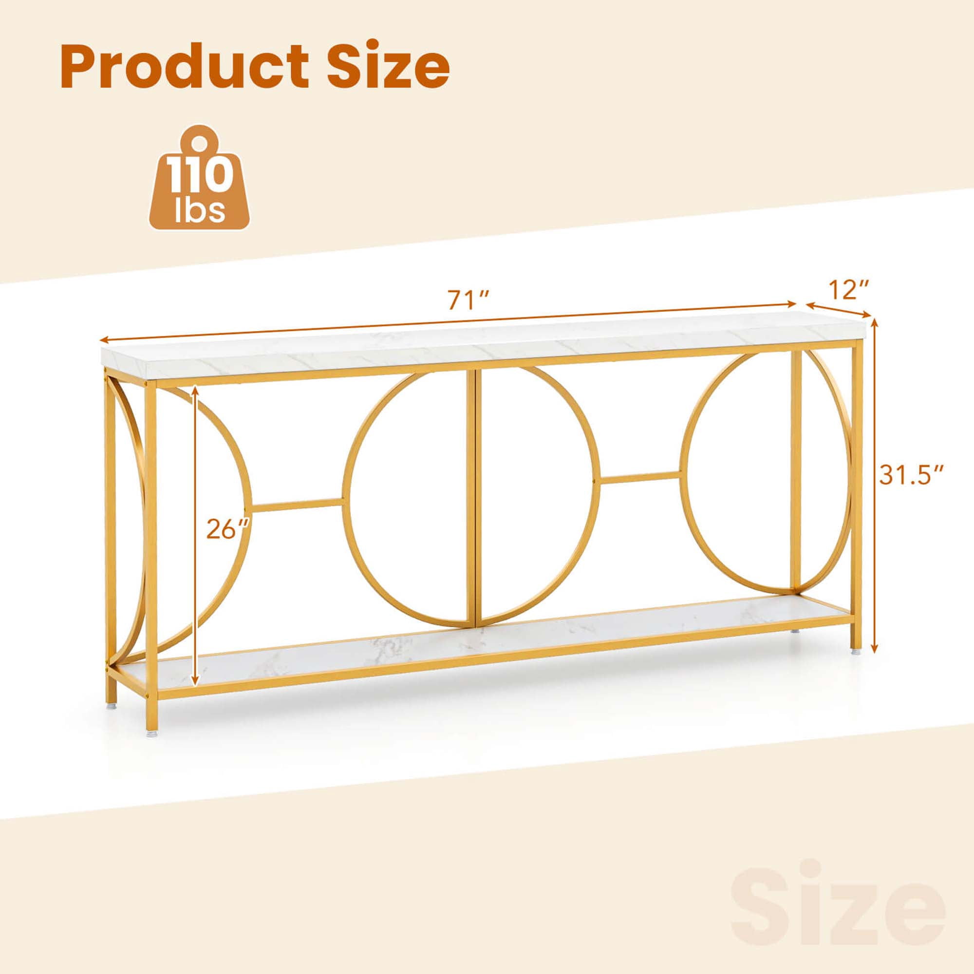 Costway 2-Tier Faux Marble Top Console Table 71" Narrow Console Table for Entryway