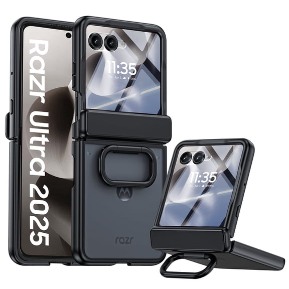 Oupeigar for Motorola Razr Ultra 2026/2025 Phone Case,with Ring Holder,Screen Protector,Wireless Charging Shockproof Phone Case-Black