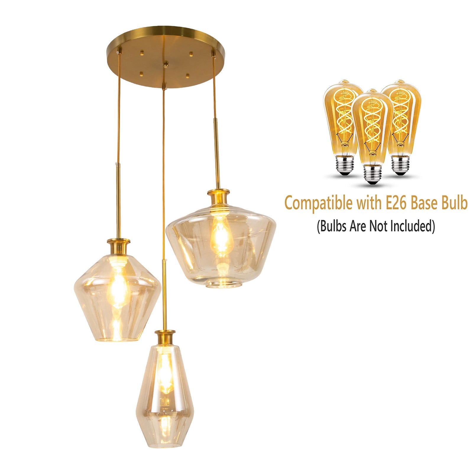 Champagne Gold Glass 3 Heads Hanging Pendant Light Flush Mount Ceiling Light Fixture Modern Glass Lamp Chandelier for Home Kitchen Hotel Coffee Bar Dining Room