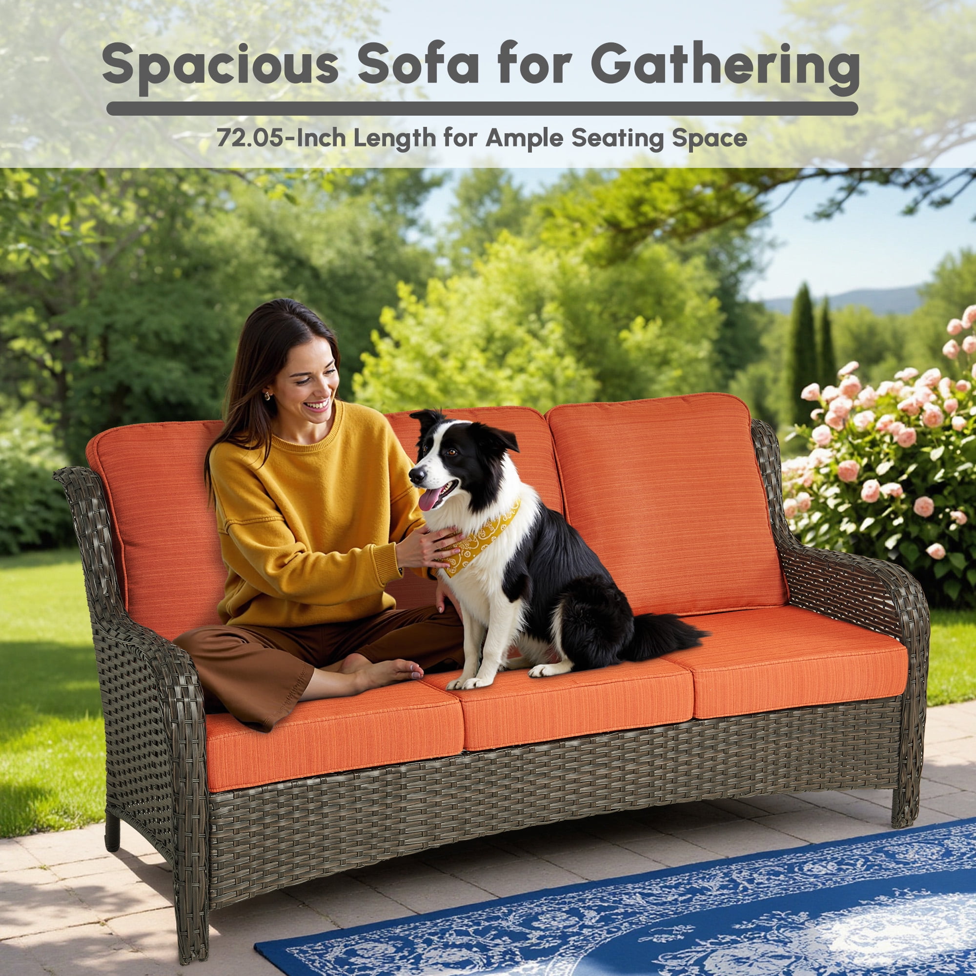 Ovios 7 Piece Outdoor Patio Furniture Set All-Weather Wicker Rattan Conversation Set with High Back Swivel Chairs & Propane Fire Pit Table, Orange Red