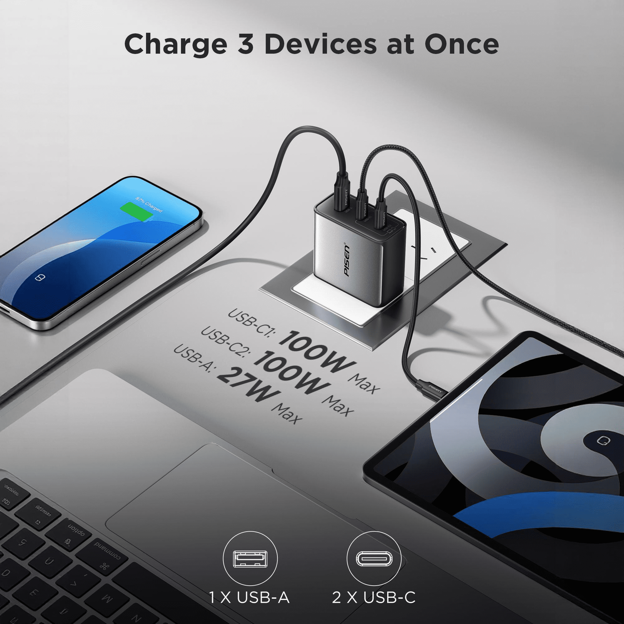 PISEN 100W USB C Charger - 3-Port GaN USB C Charging Block with 6FT Type C Cable, Foldable Plug phone charger,100W Fast Charging for iPhone 17/16 and more serie, Samsung, Pixel, iPad