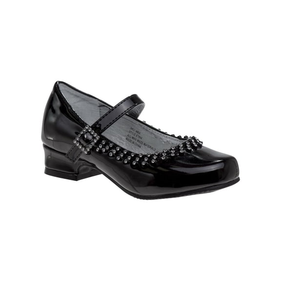 Josmo Little Kids Girl Faux Leather Low Heel Buckle Dress Shoes with Rhinestones, Black Patent, 11