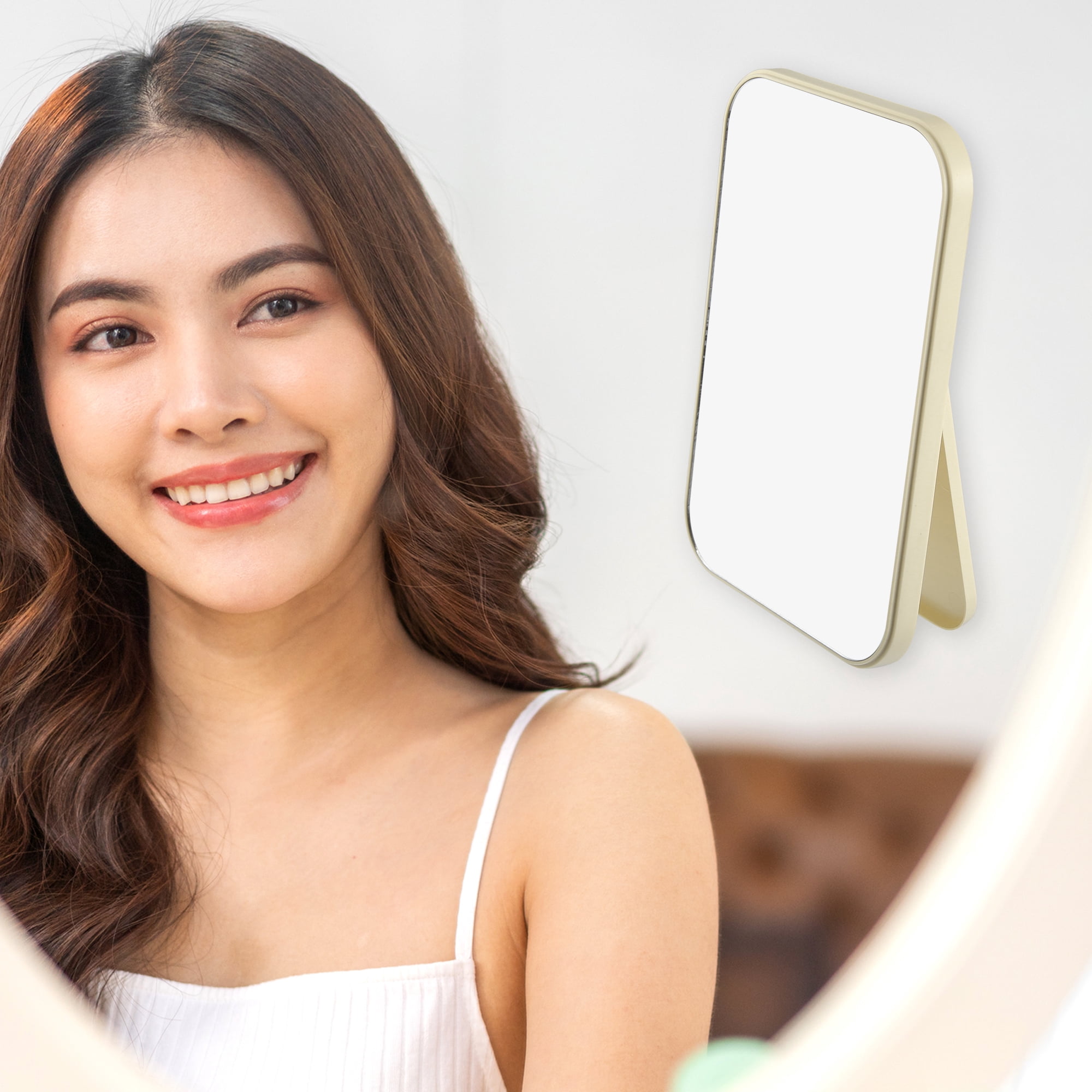 Unique Bargains Desktop Foldable Makeup Mirror Girls Women 8x6in Travel Beige