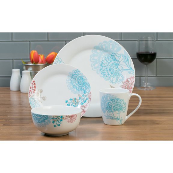 Tabletops Gallery 16 Piece Emma Floral Pattern Porcelain Dinnerware Set, Service for 4