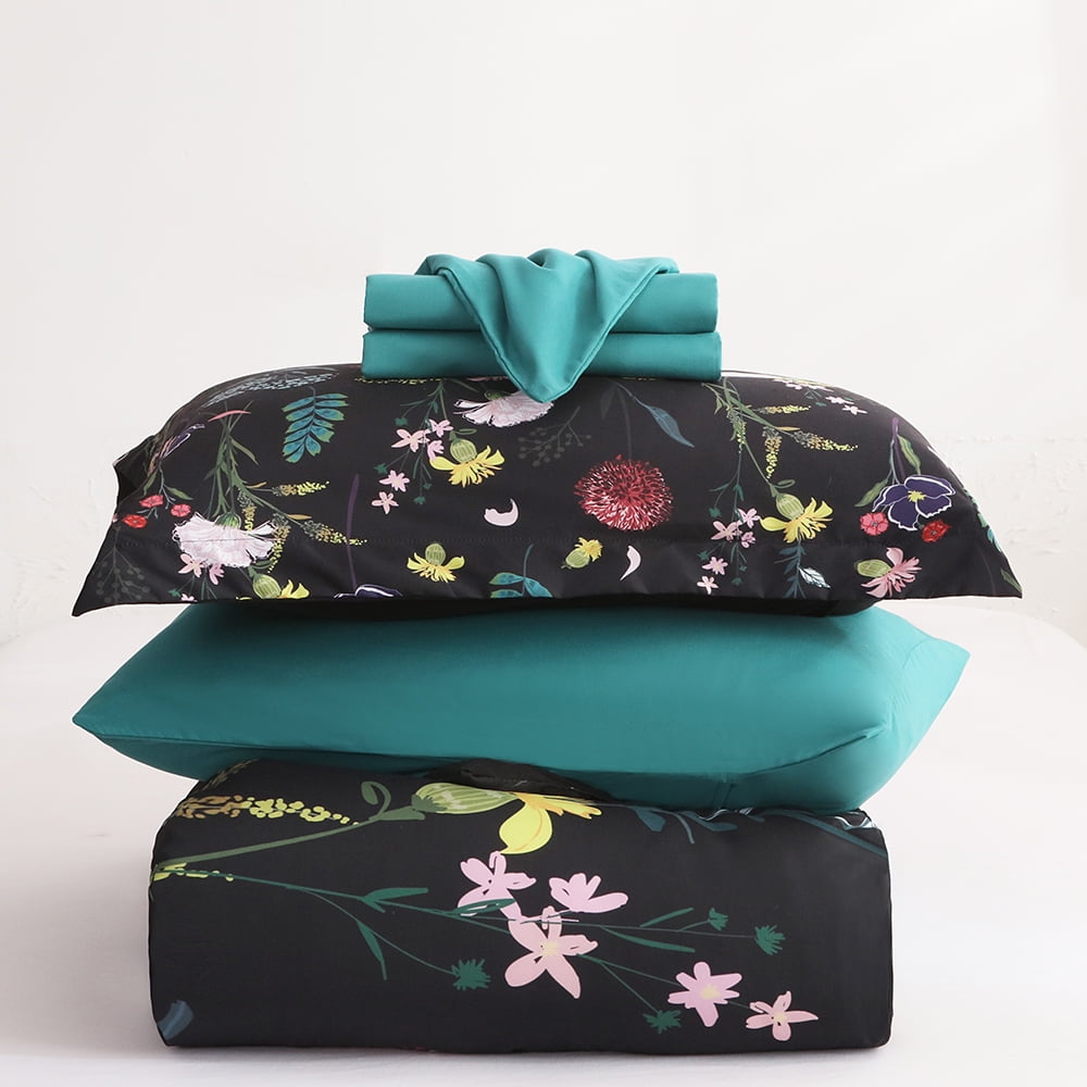 Wajade Colorful Floral Comforter Set 7 Piece Bed in a Bag Black Comforter Sets (1 Comforter, 2 Pillow Shams, 1 Flat Sheet, 1 Fitted Sheet, 2 Pillowcases, King Size)
