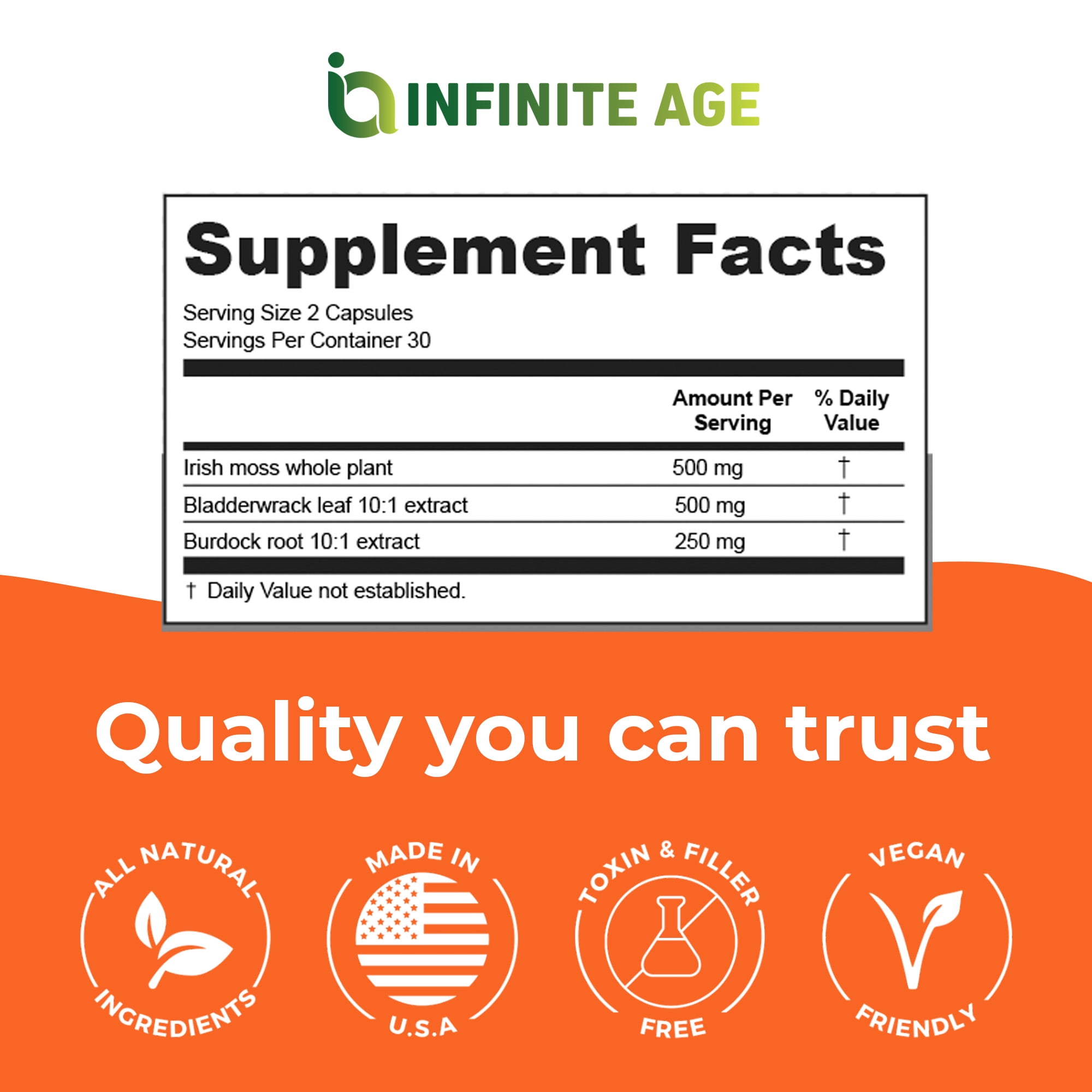 Infinite Age 1250mg Sea Moss Advanced Superfood Capsules, 60 Count - High-Potency, Vegan, Made in The USA - Irish Seamoss, Bladderwrack, Burdock Root - Overall Health, Immunity Support