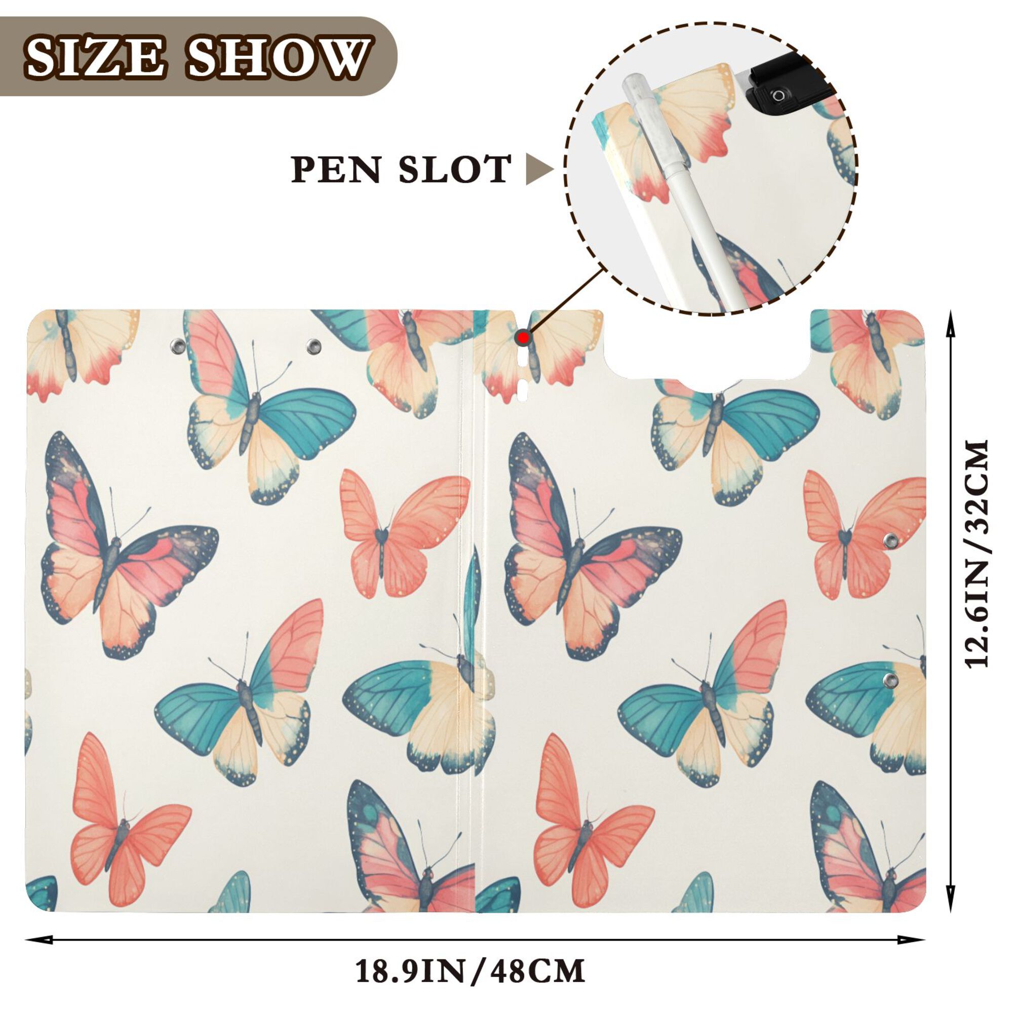 FORMRS A4 Clipboard Folder with Pen Holder Horizontal Foldable School Office Binder, Colorful Butterflies
