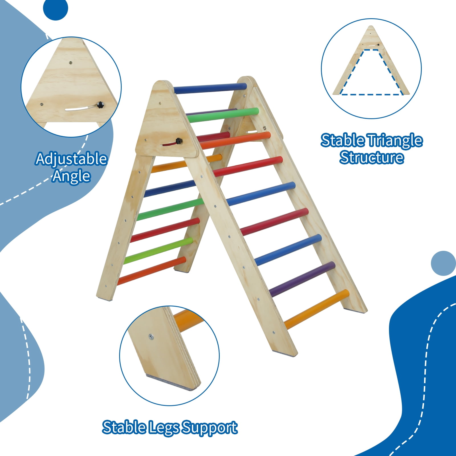 Multicolor Wooden Foldable Climbing Triangle Ladder, Montessori Pikler Play Gym, Adjustable Toddler Climber Indoor Play Structure for Kids 1-7 Years