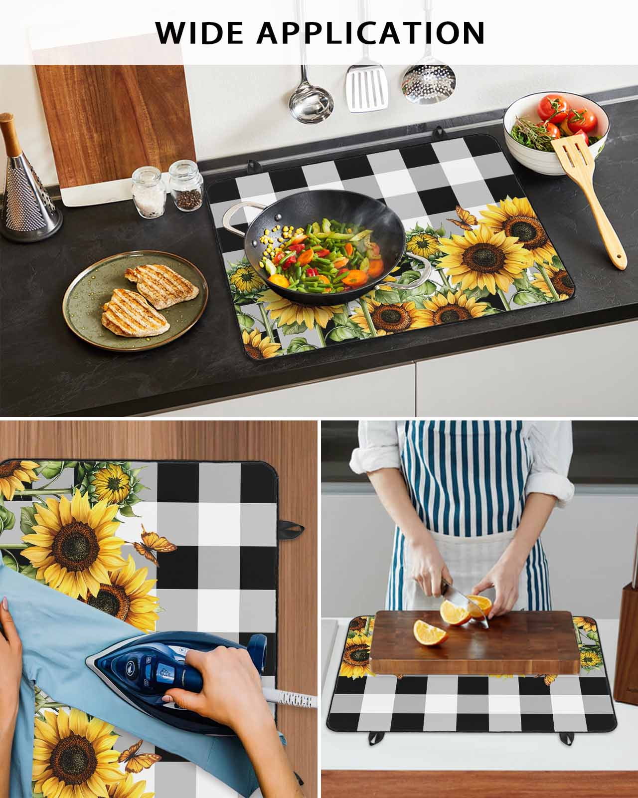 nqOlkjepod Large Induction Cooktop Protector Mat 24"x21", Sunflower Stove Top Covers for Electric Stove, Summer Botanical Floral Blooming Black Plaid Stove Burner Cover Mats, Glass Top Stove Cover