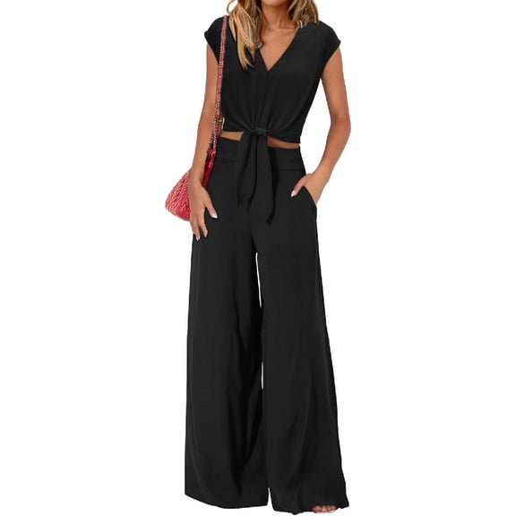 Women's Summer 2 Piece Outfits 2026 Cap Sleeve V Neck Belted Crop Tops & Wide Leg Pant Sets Casual Tracksuit