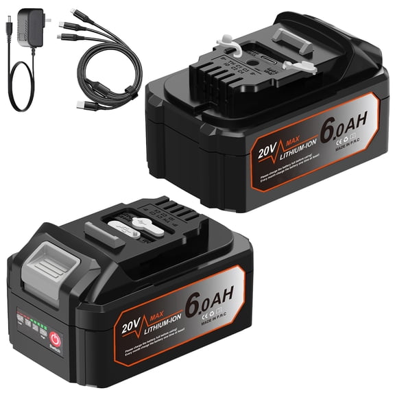 2-Pack 6.0Ah Replacement for DeWalt 20V Max Battery, Compatible with Dewalt 20v Max Battery DCB200 DCB203 DCB204 DCB205 DCB206 Series Tools, Comes with USB C Multi Charging Cable & DC Power Charger