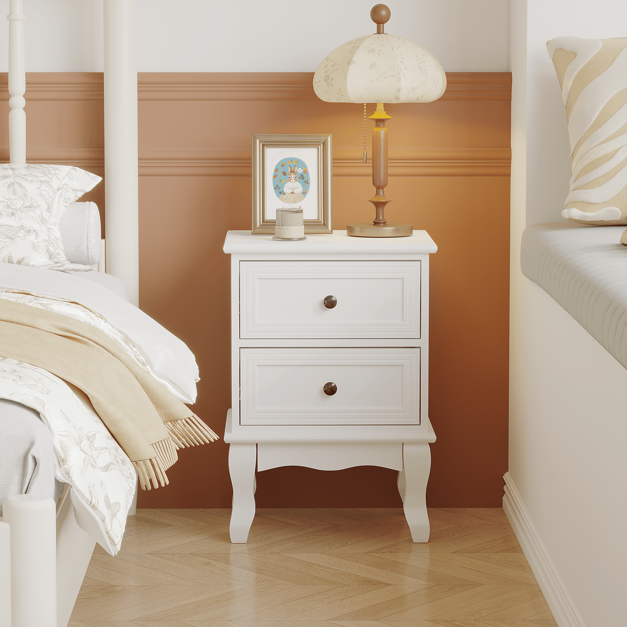 Modern White Nightstand with 2 Drawers, French Country Bedside Table with Elegant Carved Legs, Small End Table for Bedroom, Living Room, or Guest Room