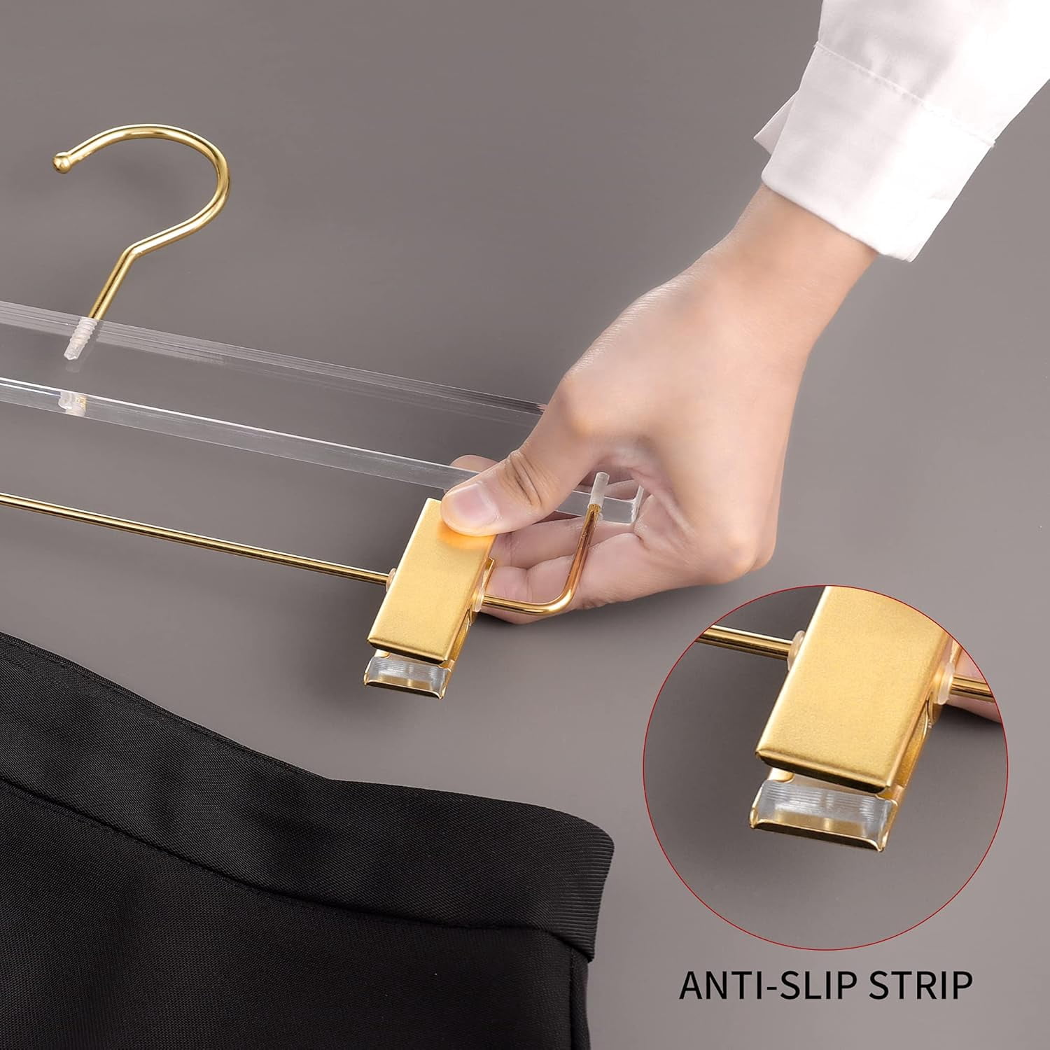 10 Pack Gold Acrylic Hangers,Clear Hangers with Gold Hooks,Luxurious Skirt Pants Hangers Gold Clips for Clothing Closet Storage