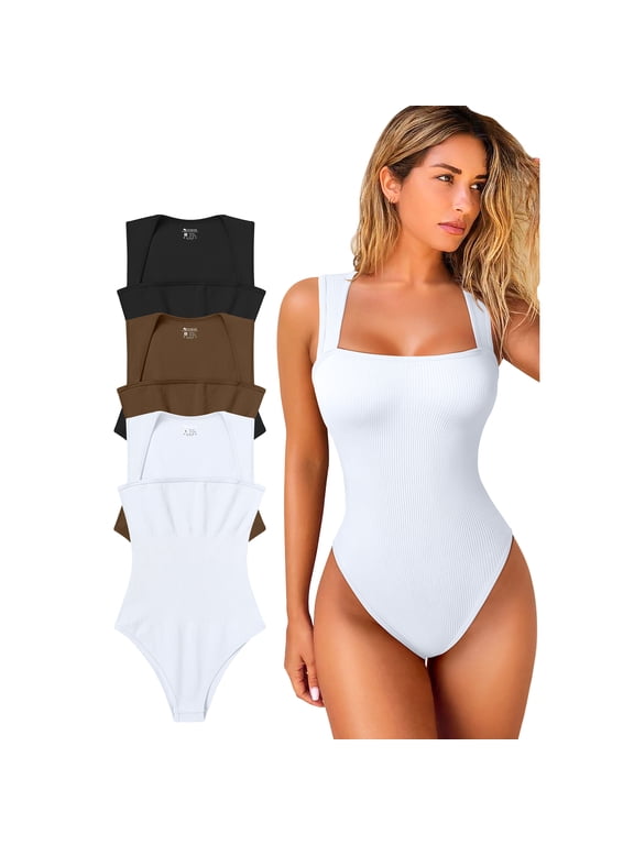 Women's 3 Piece Bodysuits For Women Sexy Ribbed Strappy Square Neck Stretch Tank Tops Bodysuits
