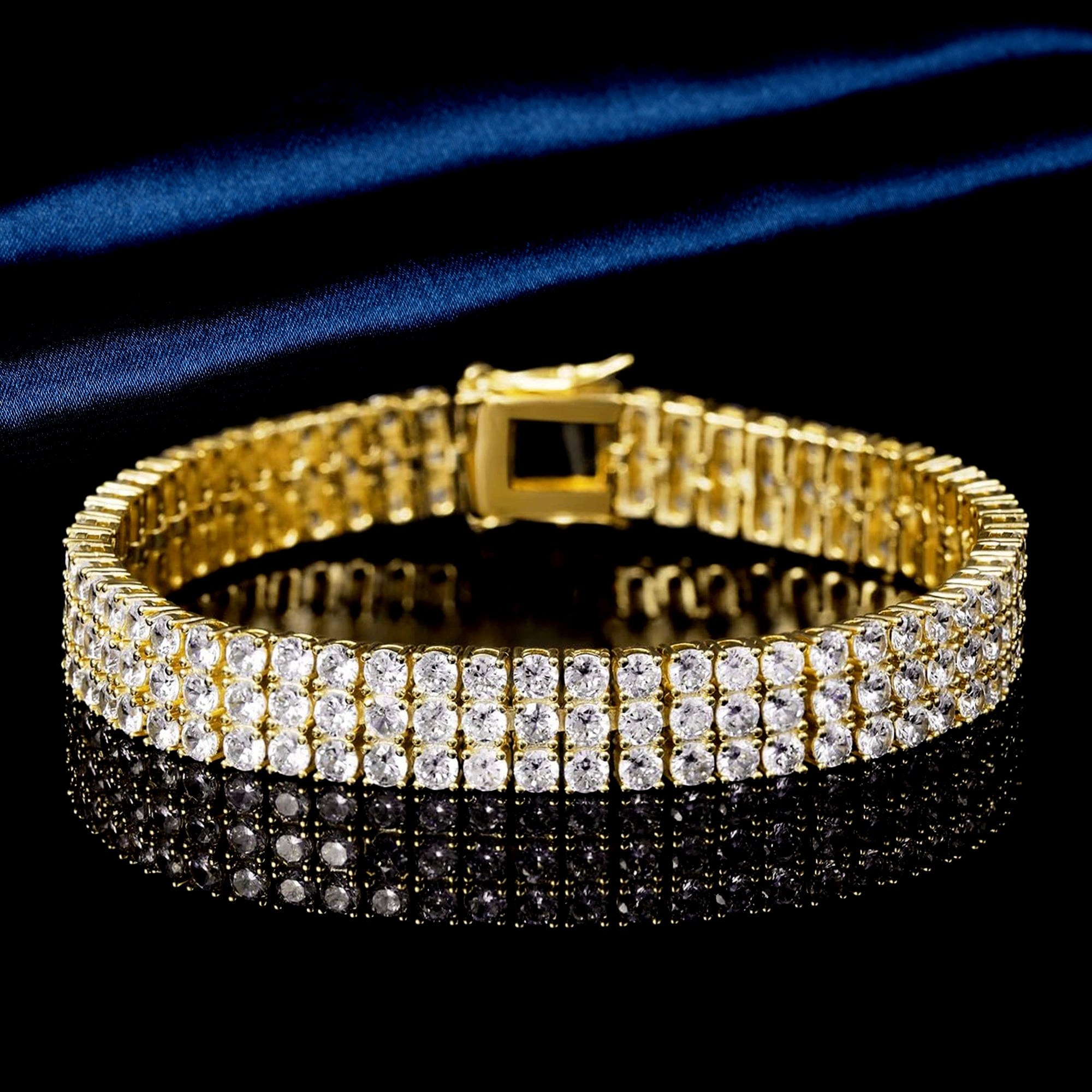 GEMSME Tennis Bracelets for Women Men 18K Yellow Gold Plated 3 Row 3.0 mm Round Cubic Zirconia Tennis Bracelet Iced Out Hip Hop Bracelet 7 Inches