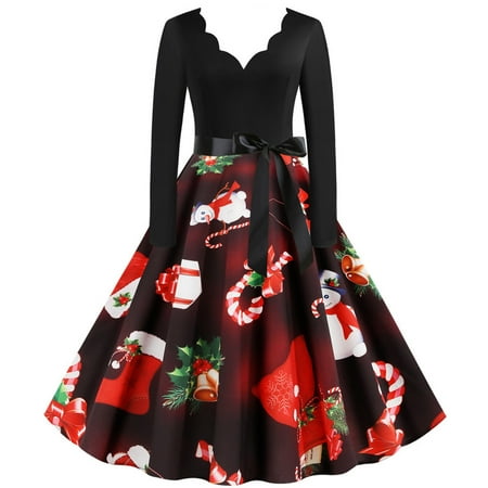 

Valentine s Day Deals Women Vintage Rockabilly Dress Christmas Bow Party Prom Dresses for Women Evening Cocktail Party Gowns Midi Dresses Temperament Long Sleeve Swing Dress Red L