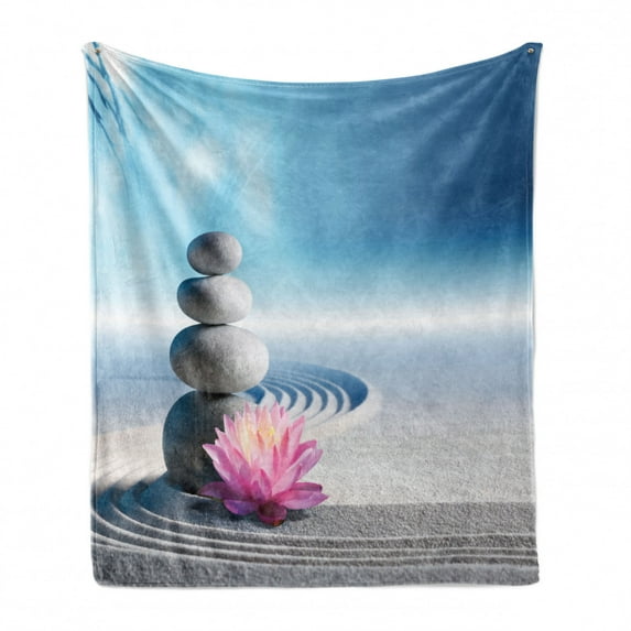 Spa Soft Flannel Fleece Throw Blanket, Stones and Lotus Flower over Sand Harmony Balance Flourish Your, Cozy Plush for Indoor and Outdoor Use, 70" x 90", Grey Blue Pink, by Ambesonne