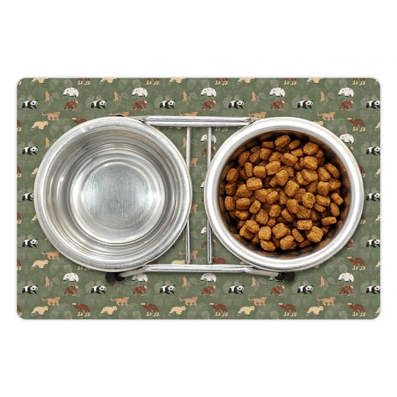 Forest Friends Pet Mat for Food and Water, Nursery Design with Monkey Panda Bear and Outline Leaves, Non-Slip Rubber Mat for Dogs and Cats, 18" X 12", by Ambesonne