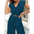 thumbnail image 6 of Women'S Summer 2 Piece 2025 Cap Sleeve V Neck Belted Crop Tops Wide Leg Pants Sets Casual Tracksuit Dark Green XL, 6 of 7