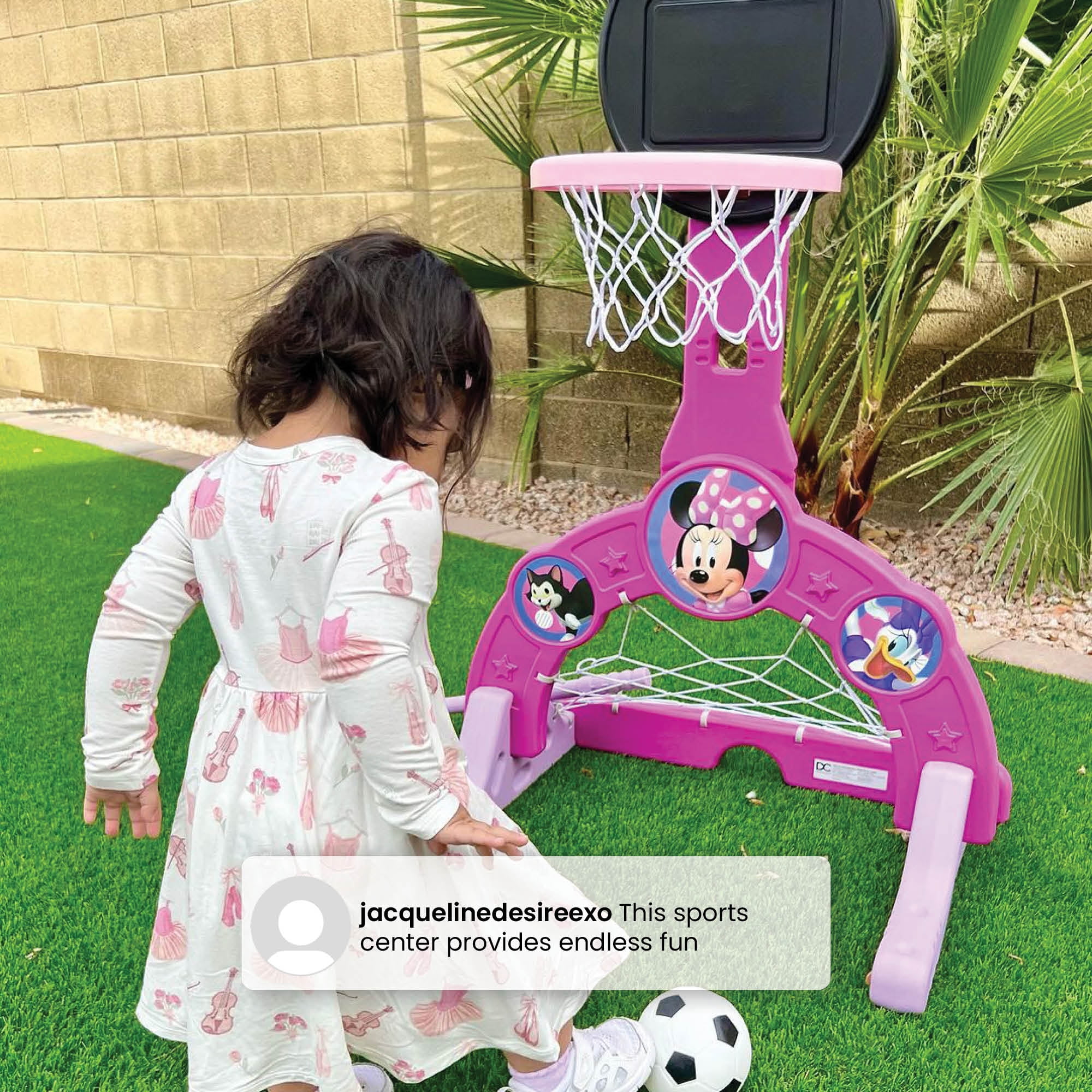 Disney Minnie Mouse 4-in-1 Sports Center – Adjustable Basketball Hoop, Soccer/Hockey Net & Golf, Pink