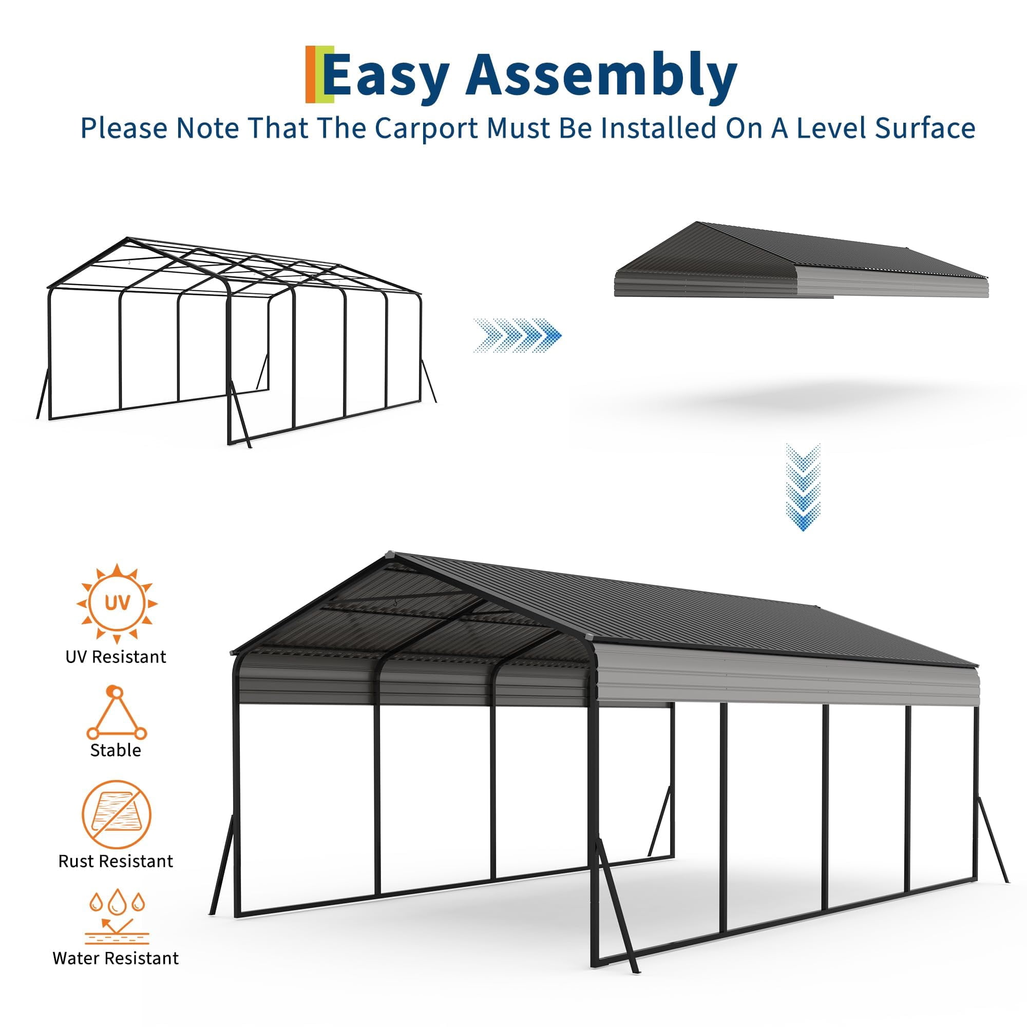 Black 12' x 20' Metal Carport,Heavy Duty Canopy with Updated Roof & Enhanced Base,Multi-Use Carport Garage,Metal Carports Garage for Cars,Trucks,Boats,Wind & Snow Resistant,Reinforced Base