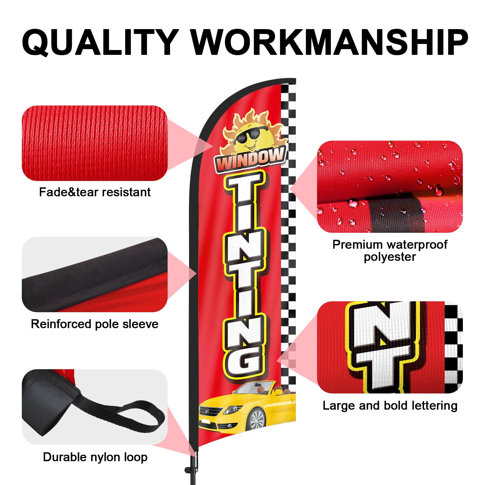 QSUM Window Tinting Feather Flag with Flag Pole Kit and Ground Spike, 8.2FT Window Tinting Windless Flag Banner Sign Business for Outdoor Advertising Sign Decoration Display